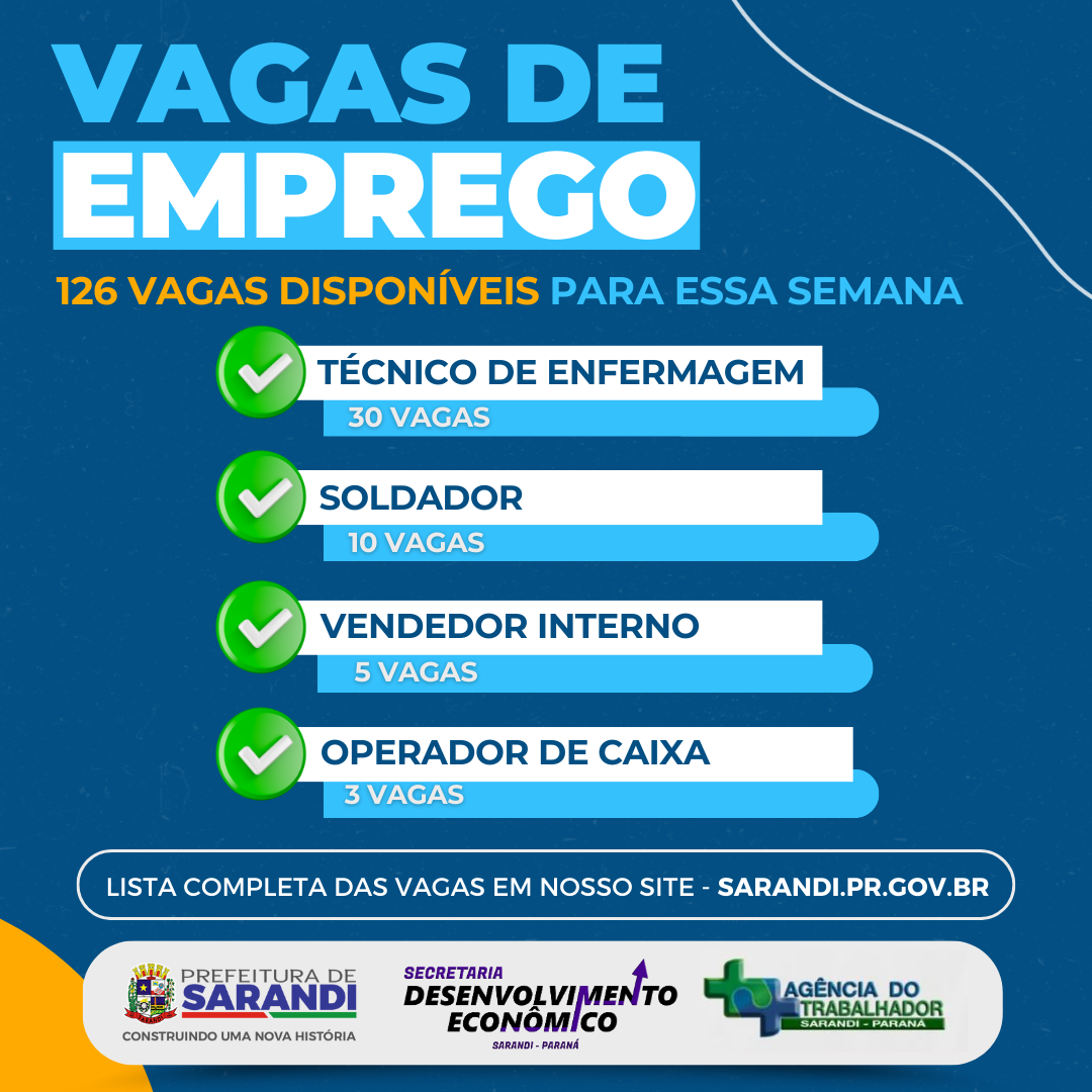 AGÊNCIA DO TRABALHADOR DE SARANDI INICIA SEMANA OFERTANDO 126 VAGAS DE EMPREGO